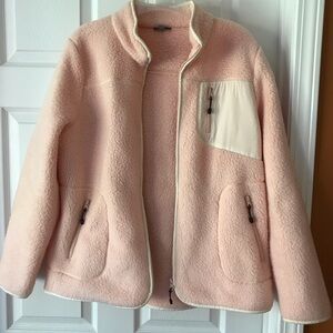 Beautiful pink  with ivory trim Sherpa jacket, size L. 3 pockets with zippers